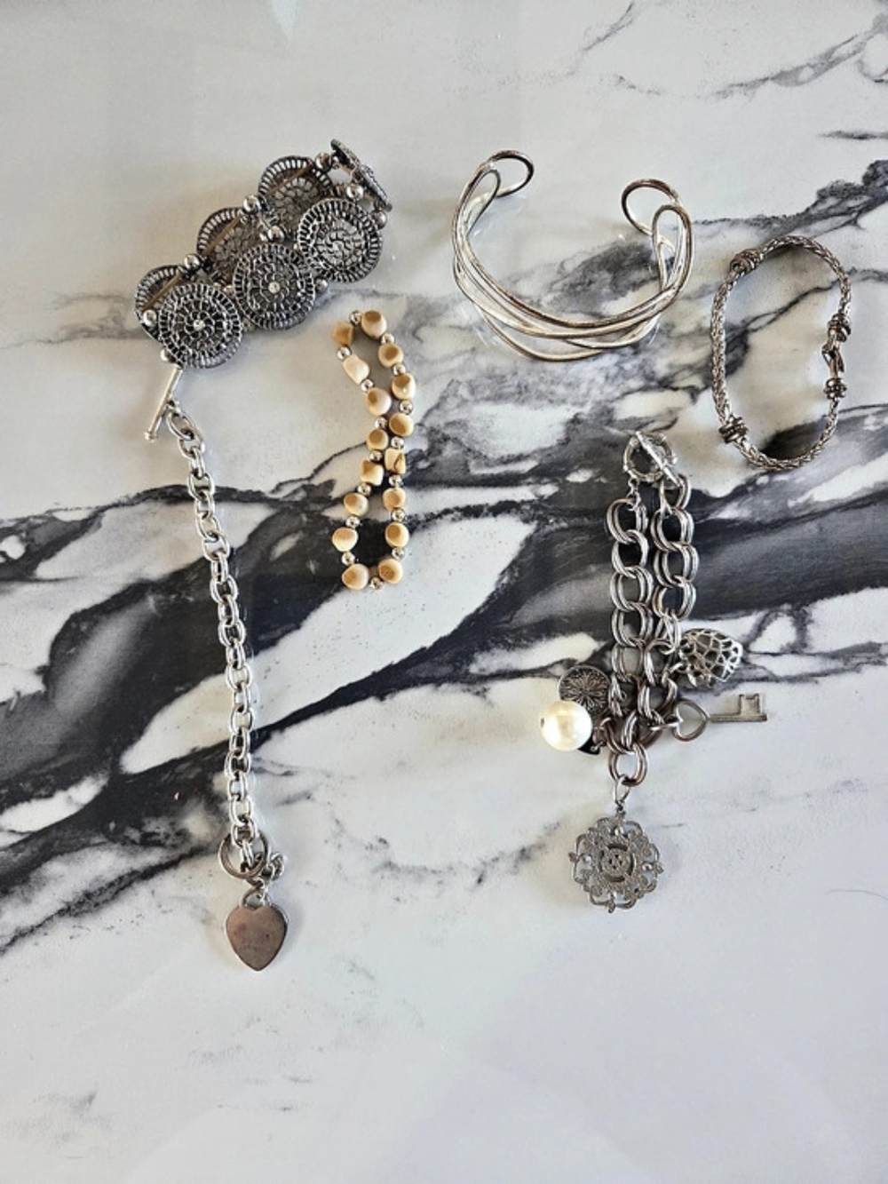Lot of 6 Silver-Tone Bracelets Charms Cuffs Beaded Stackable Assorted